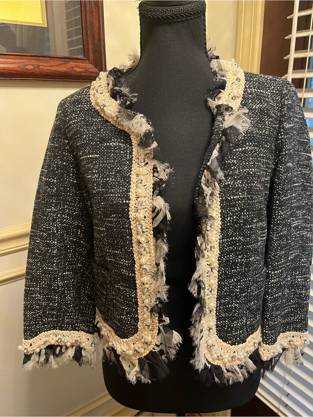 Karen Kane Black Tweed Cropped Blazer with Cream Pearl Trim